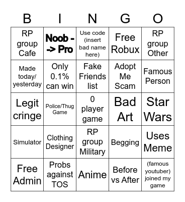 Roblox Ad Challenge Bingo Card