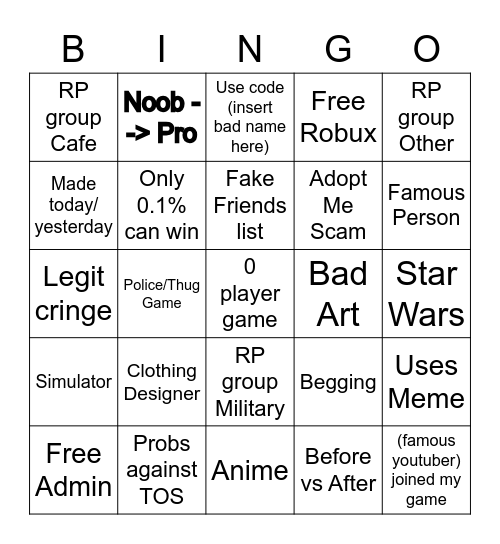 Roblox Ad Challenge Bingo Card