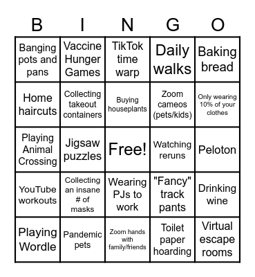 Pandemic Pastime BINGO Card