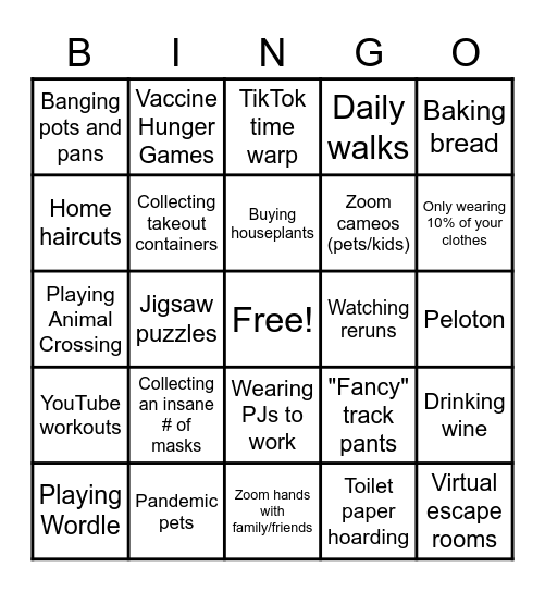 Pandemic Pastime BINGO Card
