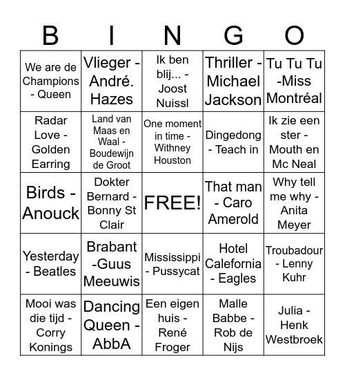 Muzikale bingo KORIJE Bingo Card