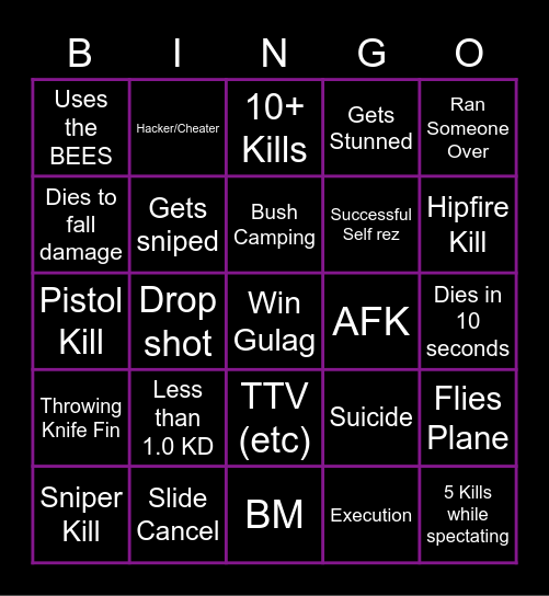 Warzone Bingo Card