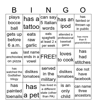 D'Amico Reunion BINGO Card
