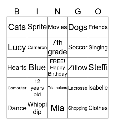 Carly's Bingo Game Bingo Card