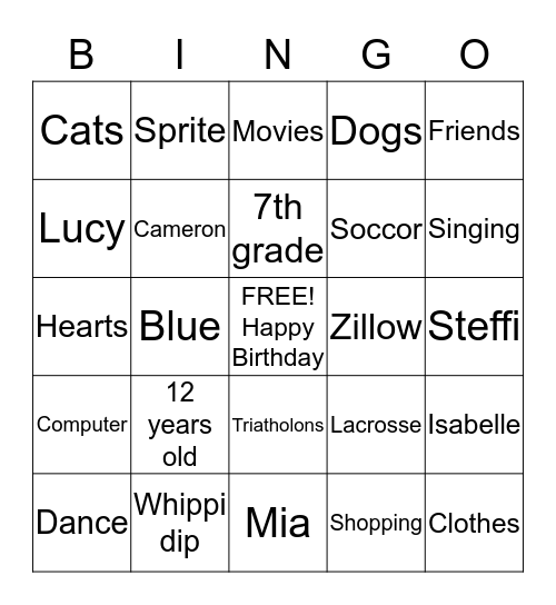 Carly's Bingo Game Bingo Card