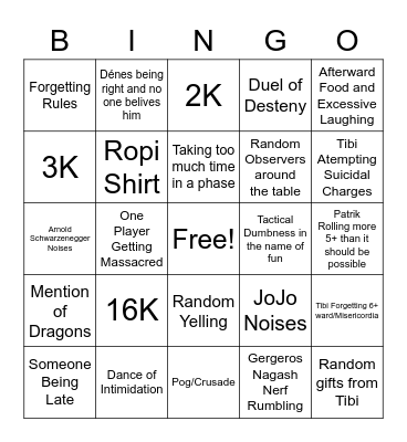 Table Top Bingo Card