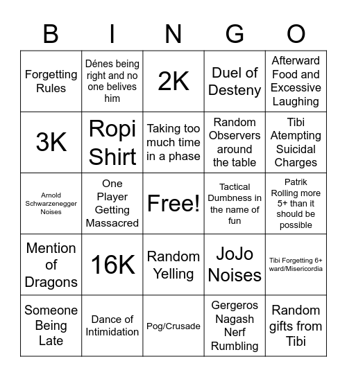 Table Top Bingo Card