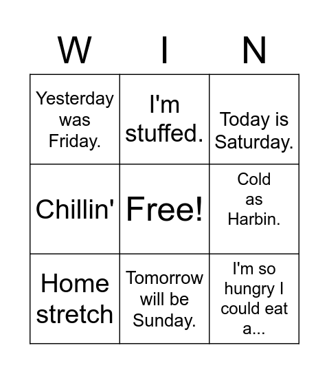 Saturday WIN Game Bingo Card