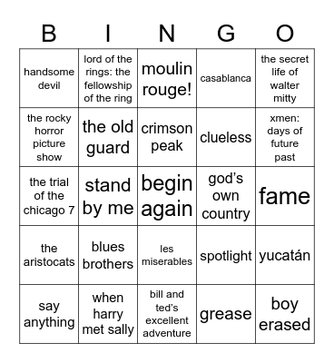 ellen’s movie bingo Card