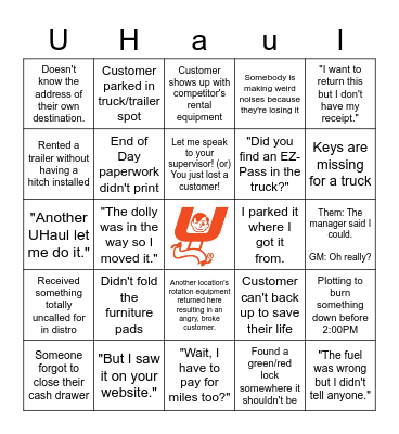 UHaul Daily Bingo Card