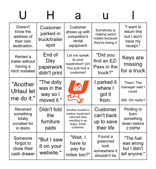 UHaul Daily Bingo Card