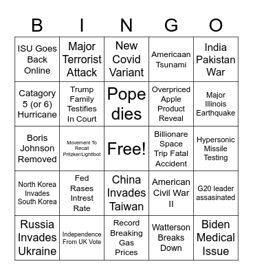 2022 Disaster Bingo Card