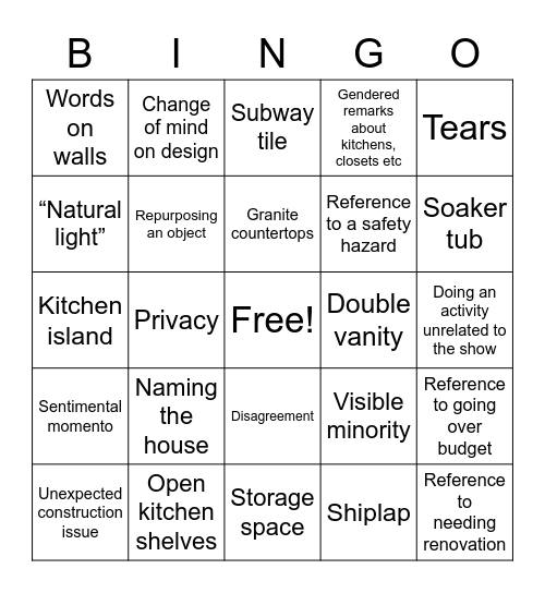 C and H HGTV Bingo Card