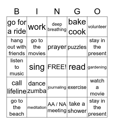 Coping Skills Bingo Card