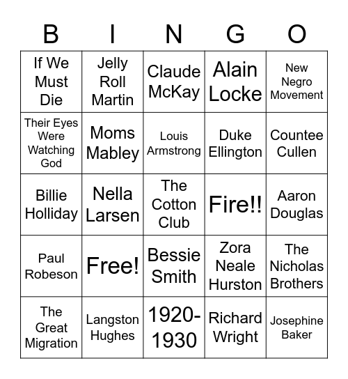 Harlem Renaissance Bingo Card