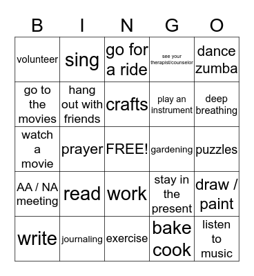 Coping Skills Bingo Card