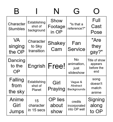 Anime OP bingo Card