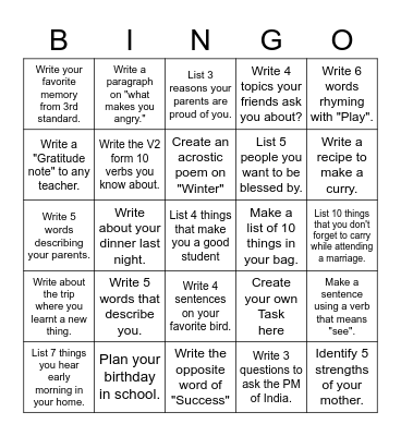 Writing Bingo Card