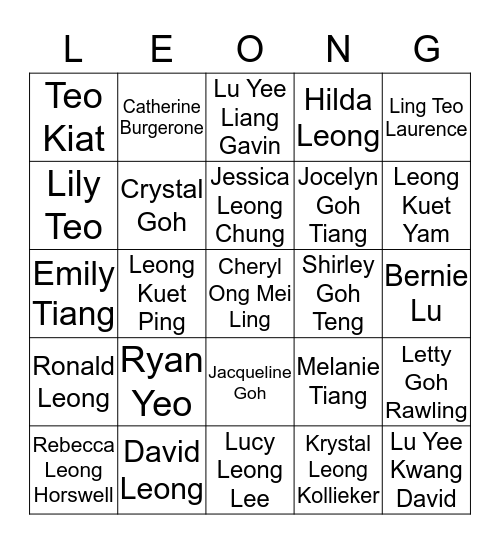 LEONG FAMILY BINGO Card