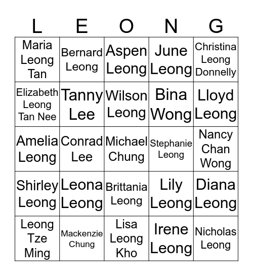 LEONG FAMILY BINGO Card