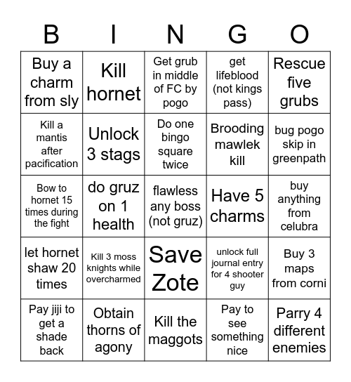 Hollow Knight Bingo Card