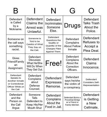 Jail Call Bingo Card