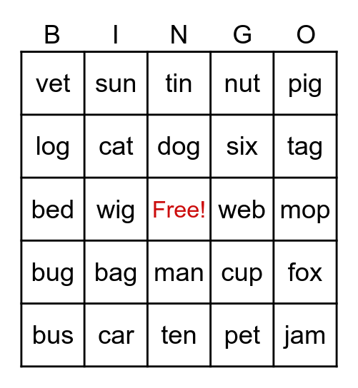 CVC WORDS BINGO Card