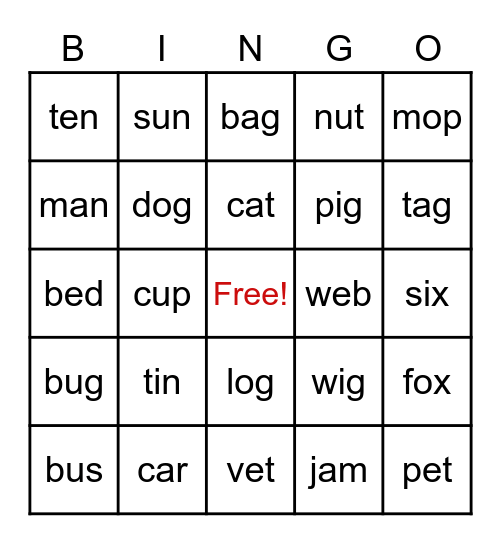 CVC WORDS BINGO Card