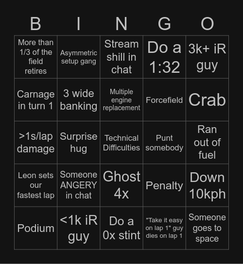 Daytona 24 2022 Bingo Card