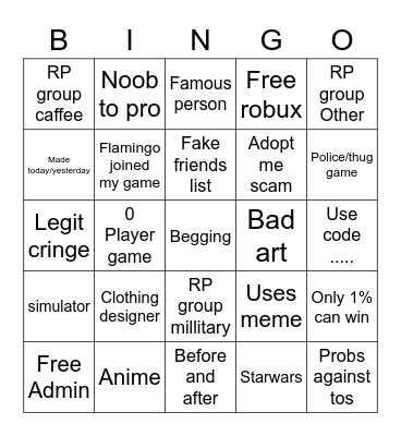 Roblox Ads Bingo Card