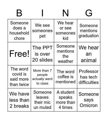 Jan 22 Class Bingo Card