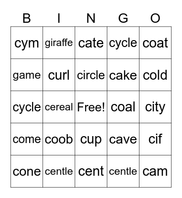 Soft and Hard Sounds of c and g Bingo Card