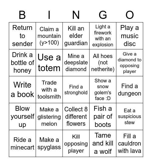 Minecraft Lockout Bingo Card