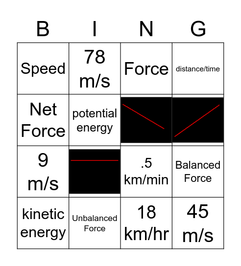 Forces, Motion and Speed Bingo Card