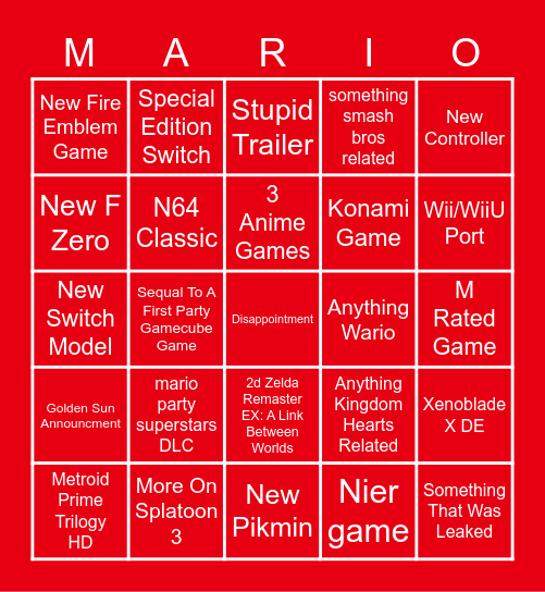 Next Nintendo Direct Bingo Card
