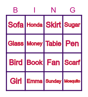 Noun Bingo Card