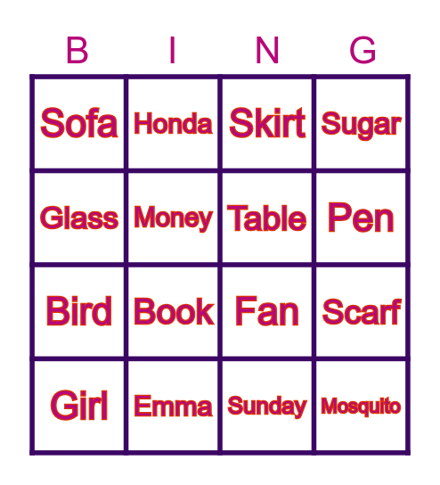 Noun Bingo Card