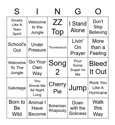 Rock Singo Bingo Card