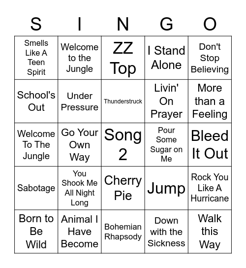 Rock Singo Bingo Card