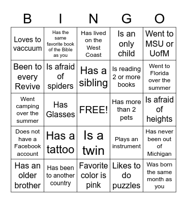 Getting To Know You Bingo Card