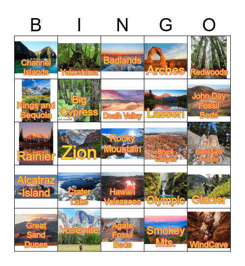 National Parks & Monuments Bingo Card