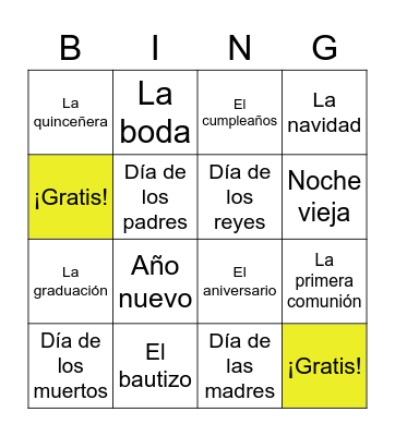 Las celebraciones Bingo Card