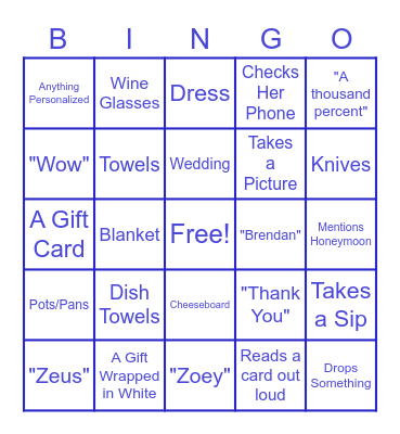 Alison's Bridal Shower Bingo Card