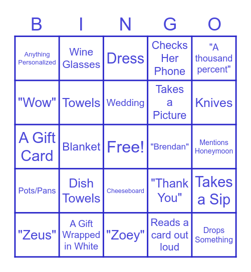 Alison's Bridal Shower Bingo Card