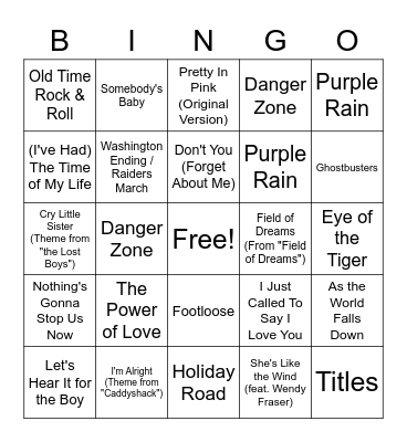 80's Movie Bingo Card