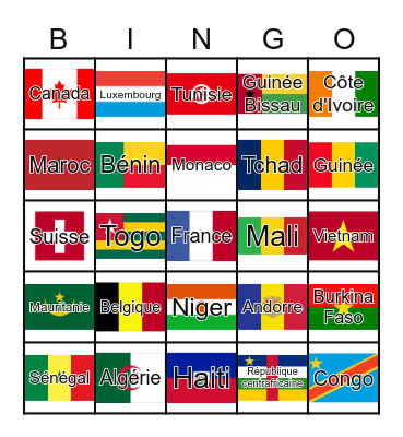 Drapeaux des pays francophones Bingo Card