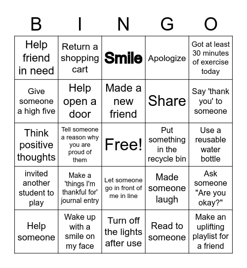 Be Kind: Students Edition Bingo Card