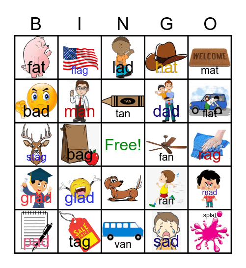 'at', 'an', 'ag', 'ad' Word Family Bigo Bingo Card