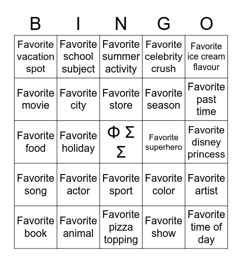 Bid Day Bingo Card