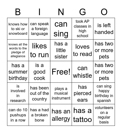 GET TO KNOW YOU BINGO Card
